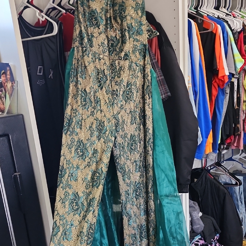 Elegant Green and Gold Floral Fun Fashion Jumpsuit